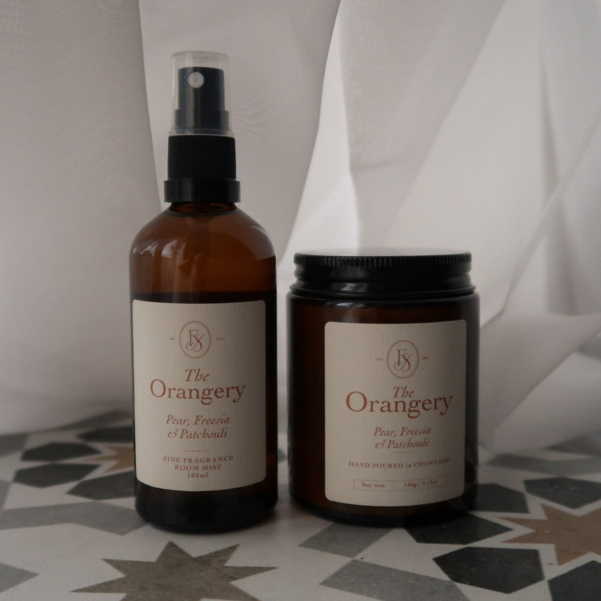 The Orangery pear and freesia candle and 100ml room mist gift set by Floral Stories